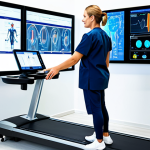 **Modern Clinic with AI Integration**
    A highly skilled professional physiotherapist, wearing a modest, clean medical uniform, attentively guides a male patient through a precise motion analysis exercise in a state-of-the-art, futuristic physiotherapy clinic. Large, translucent digital screens in the background display real-time AI-powered gait analysis data and intricate biomechanical feedback. The patient, dressed in comfortable, appropriate workout attire, performs the exercise with perfect anatomy and natural body movement. The clinic is brightly lit and clean, emphasizing technological advancement in healthcare. Well-formed hands, proper finger count, natural body proportions. Professional photography, high detail, high quality, studio lighting. Safe for work, appropriate content, fully clothed, professional dress, family-friendly.