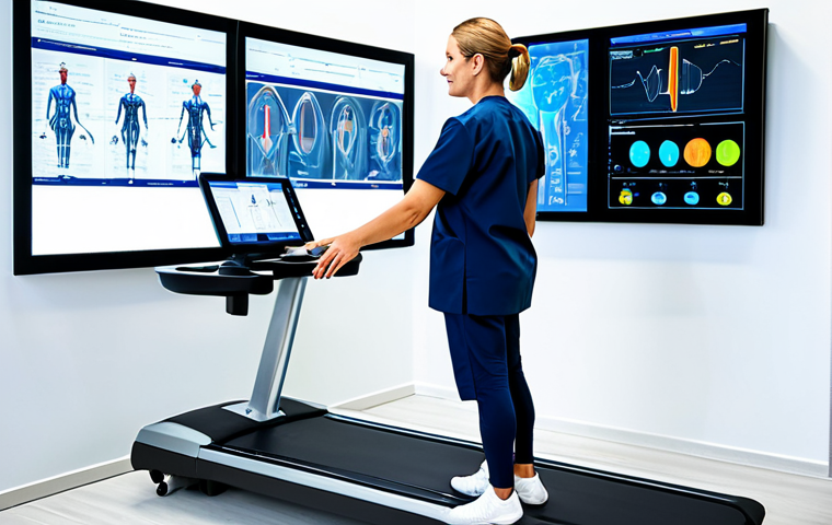 **Modern Clinic with AI Integration**
    A highly skilled professional physiotherapist, wearing a modest, clean medical uniform, attentively guides a male patient through a precise motion analysis exercise in a state-of-the-art, futuristic physiotherapy clinic. Large, translucent digital screens in the background display real-time AI-powered gait analysis data and intricate biomechanical feedback. The patient, dressed in comfortable, appropriate workout attire, performs the exercise with perfect anatomy and natural body movement. The clinic is brightly lit and clean, emphasizing technological advancement in healthcare. Well-formed hands, proper finger count, natural body proportions. Professional photography, high detail, high quality, studio lighting. Safe for work, appropriate content, fully clothed, professional dress, family-friendly.