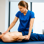 A professional female physical therapist, fully clothed in a modest uniform, assists an adult male patient, fully clothed in comfortable athletic wear, during a rehabilitation exercise. They are in a modern, well-lit physical therapy clinic with rehabilitation equipment in the background. The therapist is gently guiding the patient's posture for a back-strengthening movement. The patient is focused and engaged. Perfect anatomy, correct proportions, natural pose, well-formed hands, proper finger count, natural body proportions. Safe for work, appropriate content, fully clothed, professional, high-quality photograph, soft studio lighting.