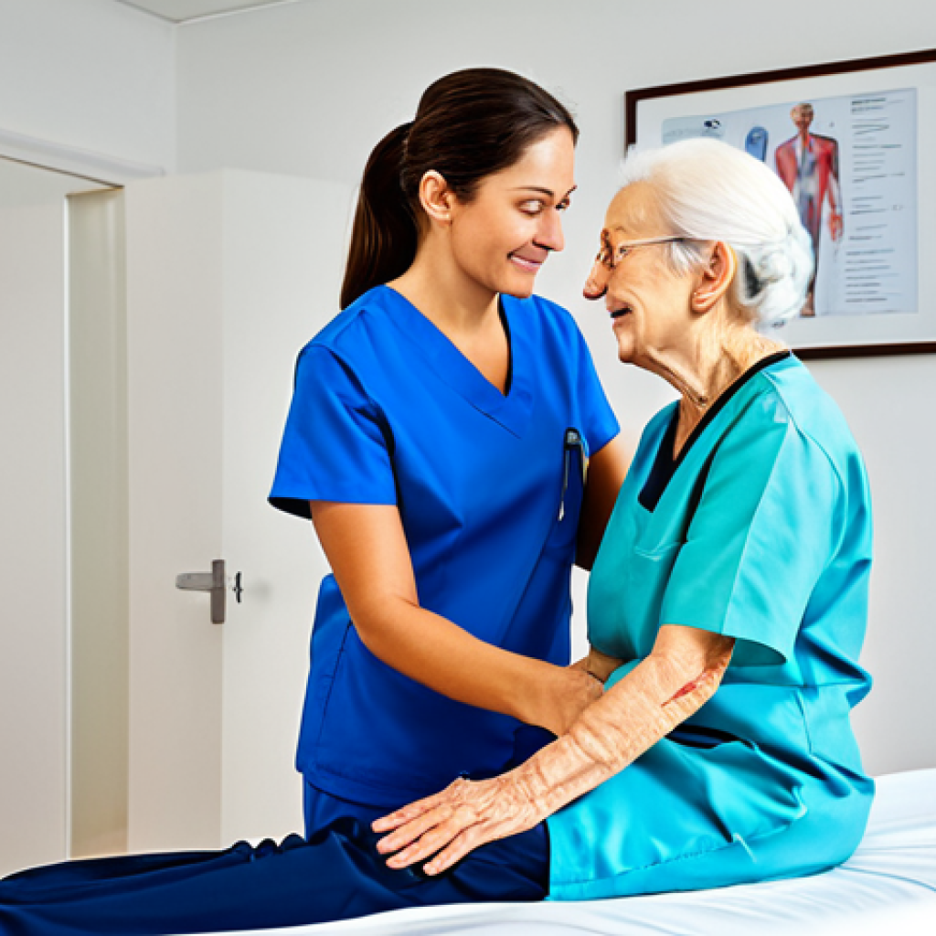 물리치료사의 자격증 갱신 비용 - **

A professional female physiotherapist, fully clothed in modest medical scrubs, assisting an elde...