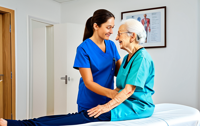 물리치료사의 자격증 갱신 비용 - **

A professional female physiotherapist, fully clothed in modest medical scrubs, assisting an elde...