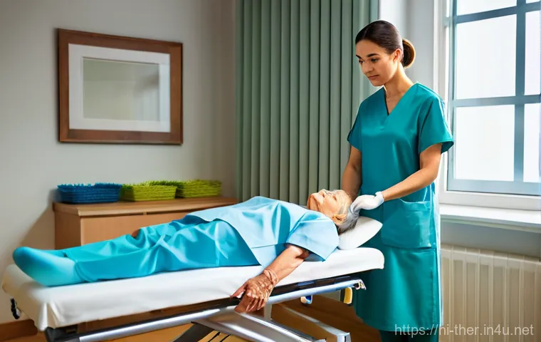 물리치료 실습에서 배우는 것들 - **Prompt:** A young, empathetic female physiotherapy student, wearing professional scrubs and a resp...