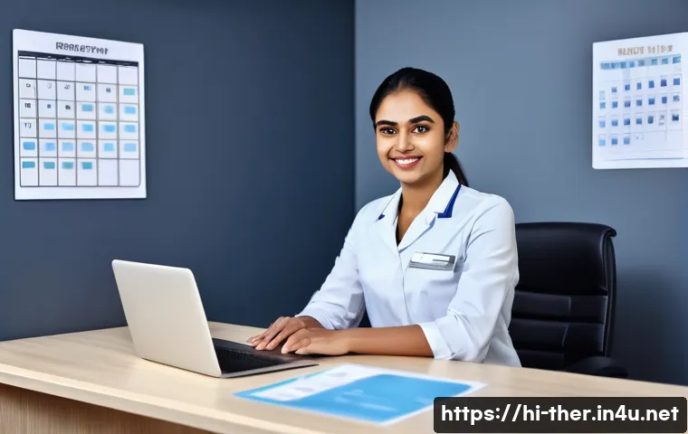 물리치료사의 자격 갱신 준비 - A professional physiotherapist in a modern clinic setting, wearing neat formal attire with a visible...