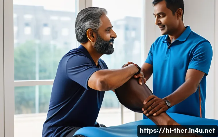 물리치료사의 환자 복귀 성공 사례 - A compassionate physical therapist guiding a middle-aged Indian male patient through gentle manual t...