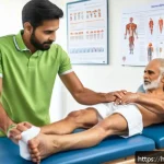 물리치료사 도수치료 교육 과정 - A professional physiotherapist conducting a hands-on manual therapy session with an adult patient in...
