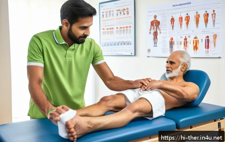 물리치료사 도수치료 교육 과정 - A professional physiotherapist conducting a hands-on manual therapy session with an adult patient in...