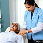 물리치료사의 병원 근무 사례 - A compassionate physiotherapist in a modern clinic setting, attentively listening to a middle-aged I...