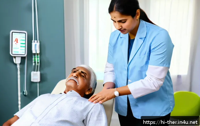 물리치료사의 병원 근무 사례 - A compassionate physiotherapist in a modern clinic setting, attentively listening to a middle-aged I...
