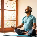 물리치료사의 스트레스 완화 운동 - A serene Indian man practicing slow and deep breathing in a quiet, sunlit room decorated with tradit...