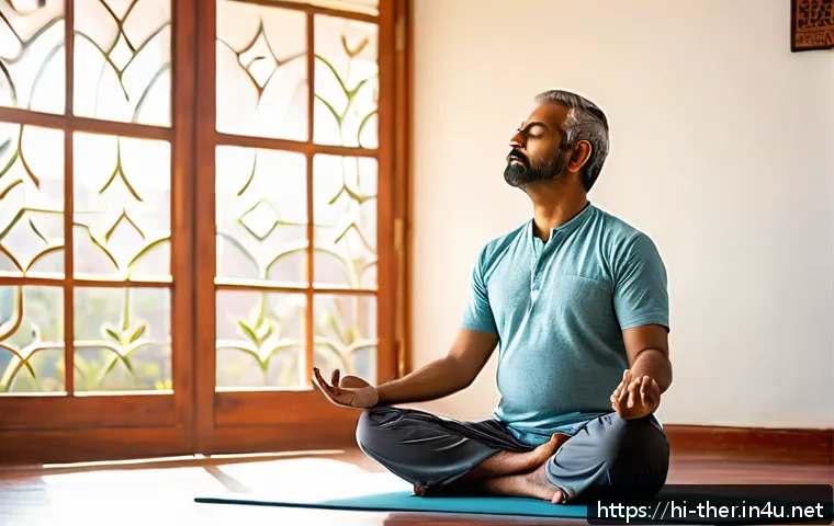물리치료사의 스트레스 완화 운동 - A serene Indian man practicing slow and deep breathing in a quiet, sunlit room decorated with tradit...