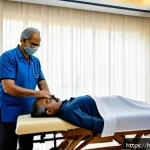 물리치료사의 도수치료 성공 사례 - A serene clinic room where a skilled male therapist in professional attire performs manual therapy o...