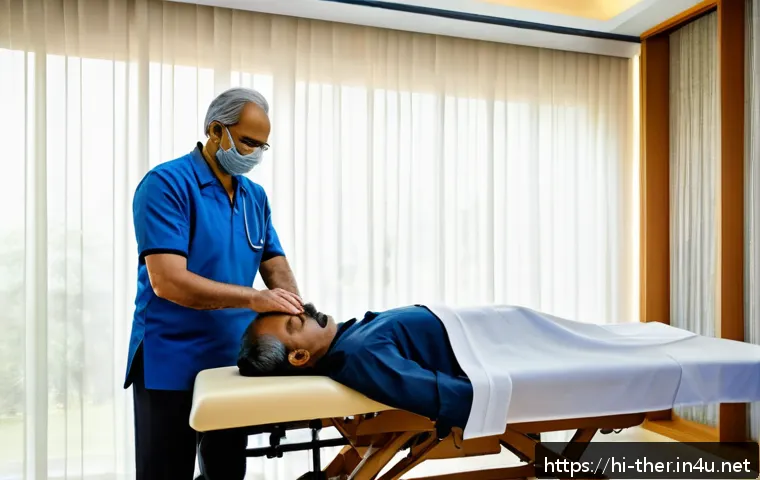 물리치료사의 도수치료 성공 사례 - A serene clinic room where a skilled male therapist in professional attire performs manual therapy o...