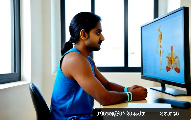 물리치료사의 심층 학습 과정 - Photorealistic Indian physical therapy student in a modern rehabilitation training room, studying ad...