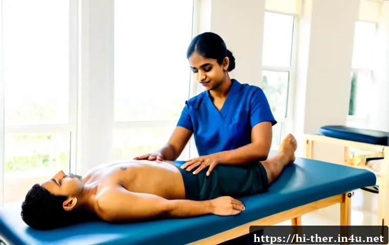 Home 17 물리치료사의 도수치료 사례 연구 - Photorealistic Indian physiotherapist in a bright modern rehabilitation clinic performing gentle man...